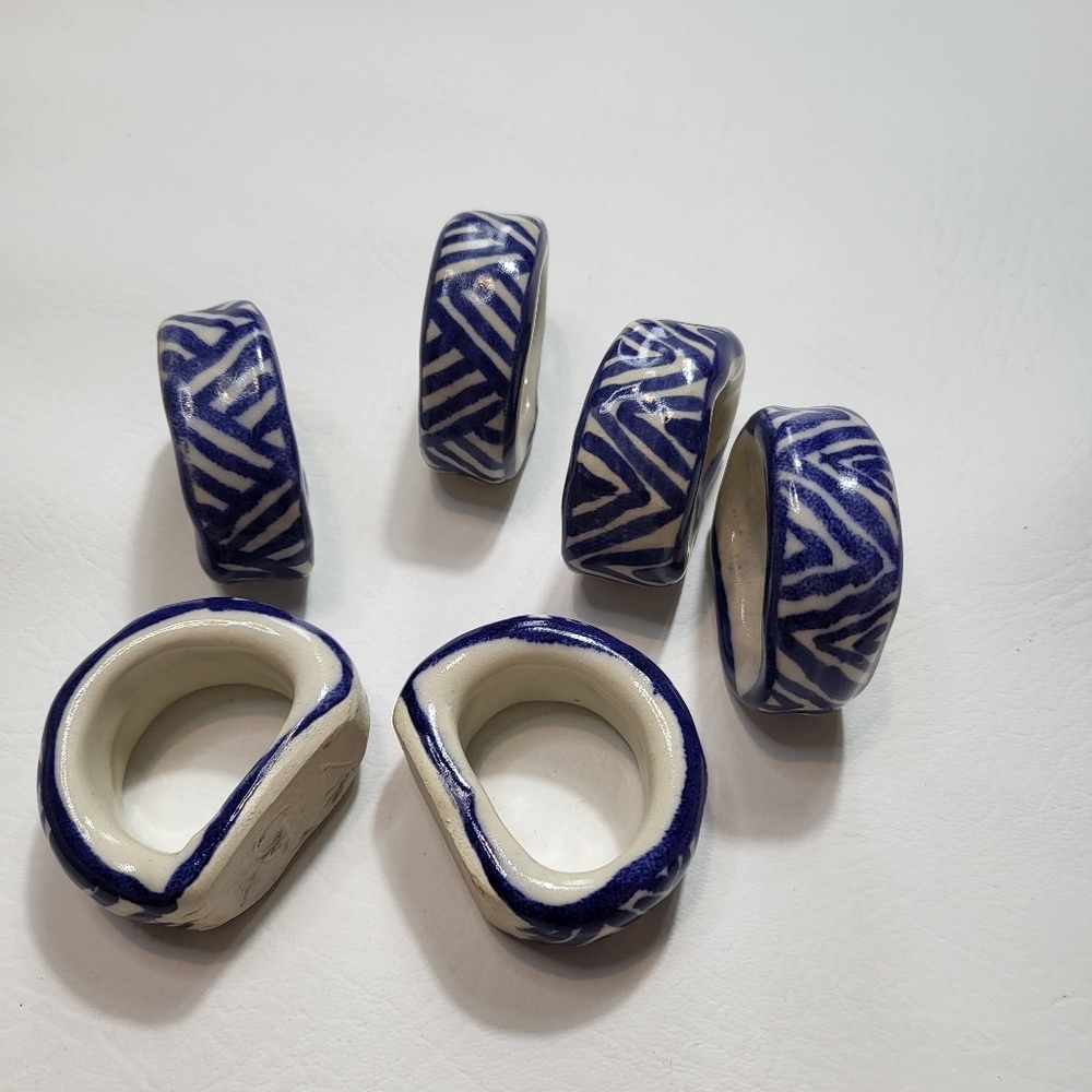 Blue and White Ceramic Napkin Rings Set Of 6 - Picture 4 of 4